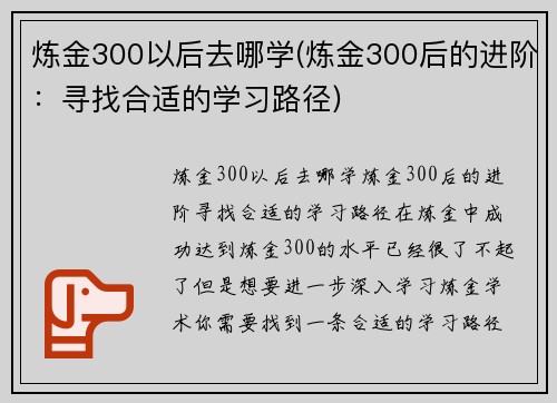 炼金300以后去哪学(炼金300后的进阶：寻找合适的学习路径)